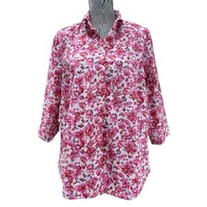 Lands’ End Pink Floral  3/4 Sleeve Button-Up Spring Summer Garden Shirt